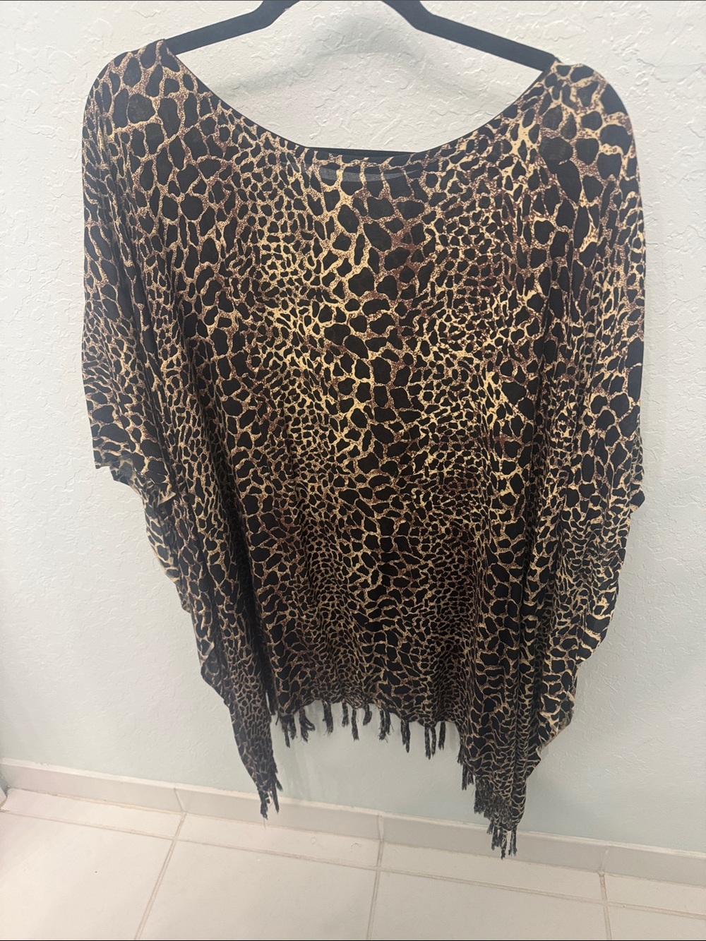 Leopard Print Fringe Poncho Top - Brown/Black